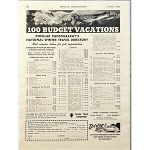 Popular Photography Travel Directory "100 Budget Vacations"Vtg Print Ad 1941